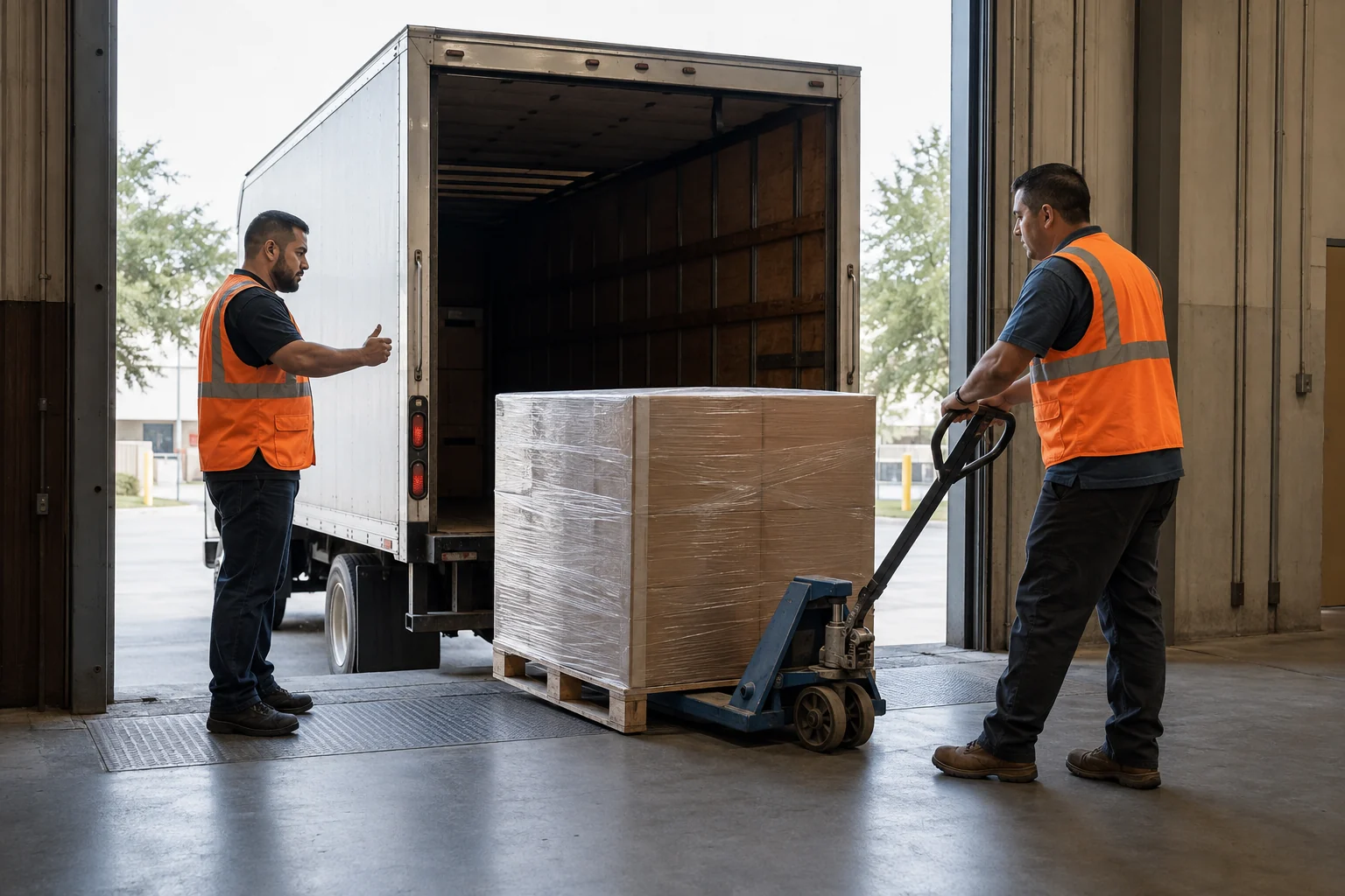 Illustrative two-person warehouse team moving a shrink-wrapped pallet with a manual pallet jack beside a box truck