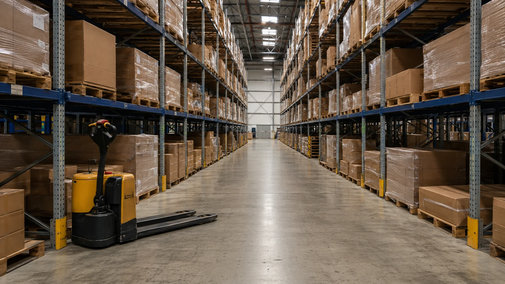 Illustrative organized warehouse aisle with pallet storage rows and one parked electric pallet jack